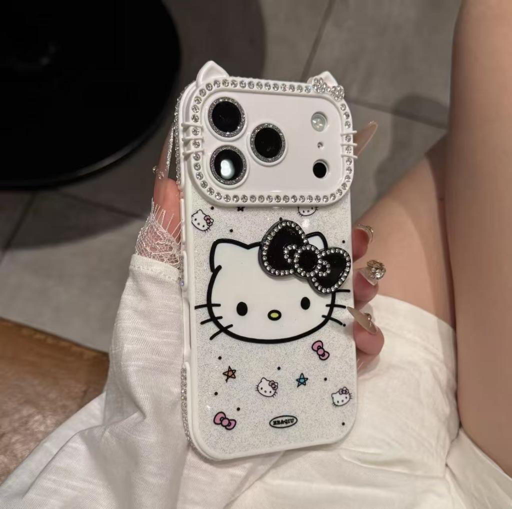Cartoon Flash Diamond Bow Cat for iPhone17Pro Mobile Phone Case Apple 16promax Cute 15 New