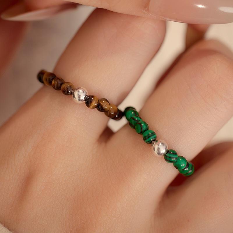 Banyan Tree S925 Silver Women's Stacking Ring with Tourmaline, Agate, Crystal, and Beaded Blue Pine.