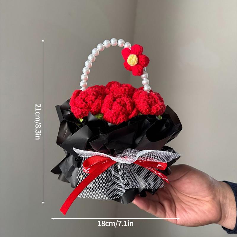 Crochet Rose Bouquet Handmade Knitted Sunflower Basketed For Graduation Mothers Day Birthday Wedding Gift Home Office Desk Decor