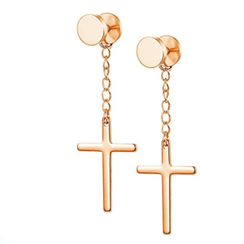 WKOUD 2PCS Stainless Steel No Piercing Cross For Men Kpop Clip On Cross Earring Gothic Punk Fake Ear Cuff Cross Earring Dangle