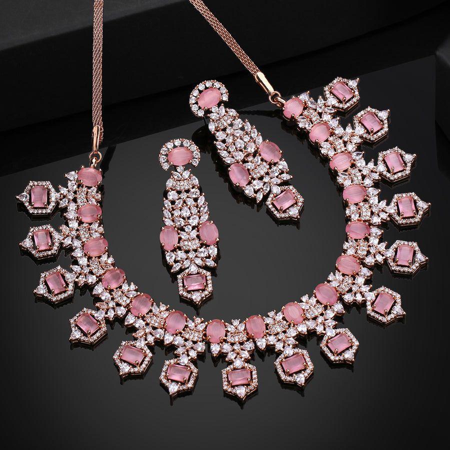Uimitor Estele Placat cu Aur Rose CZ Mint Pink Stone Set Colier Pentru Femei