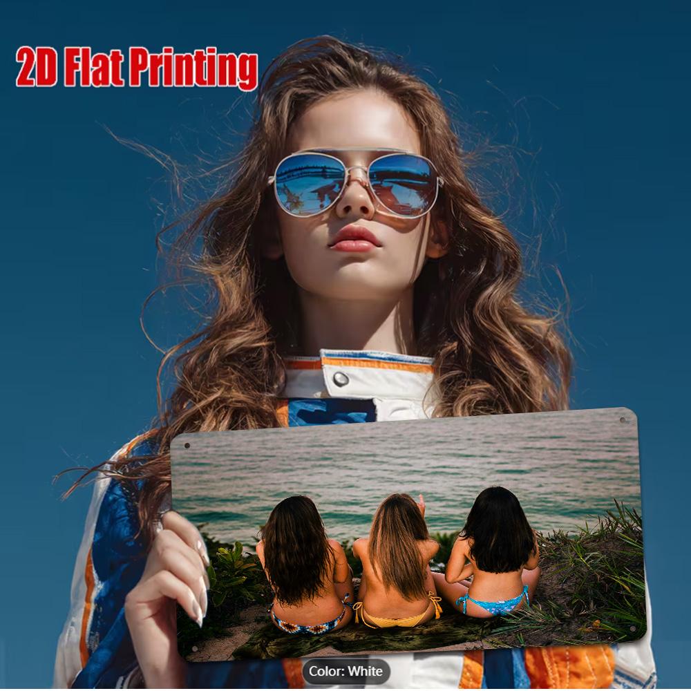 HD Metal Tin Sign Woman In Black and Red Bikini Lying On Sandy Beach with Ocean Waves Summer Coastal Scene Wall Decor