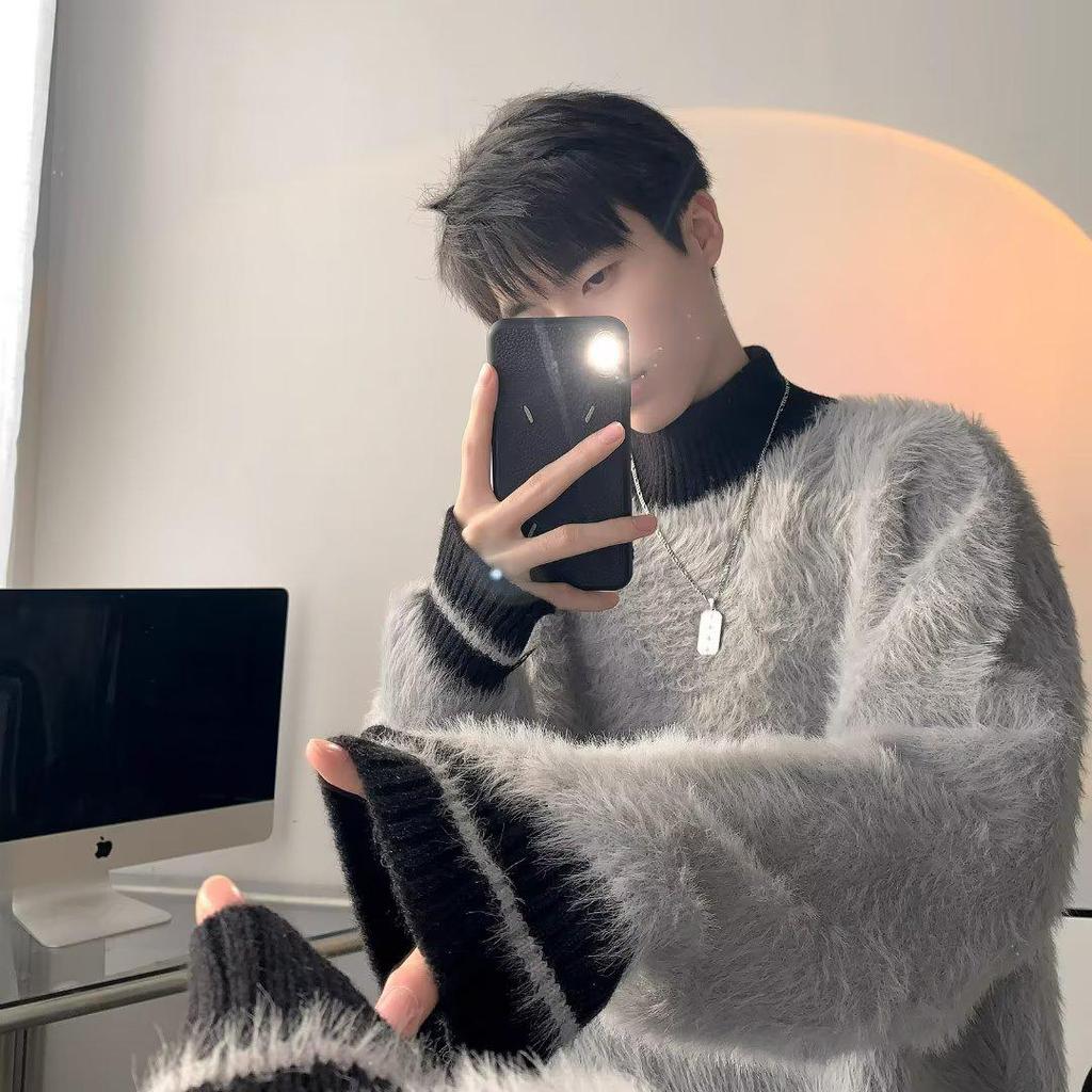 Męski zimowy sweter w paski z moheru: Półgolf, Modny luźny krój, Styl premium