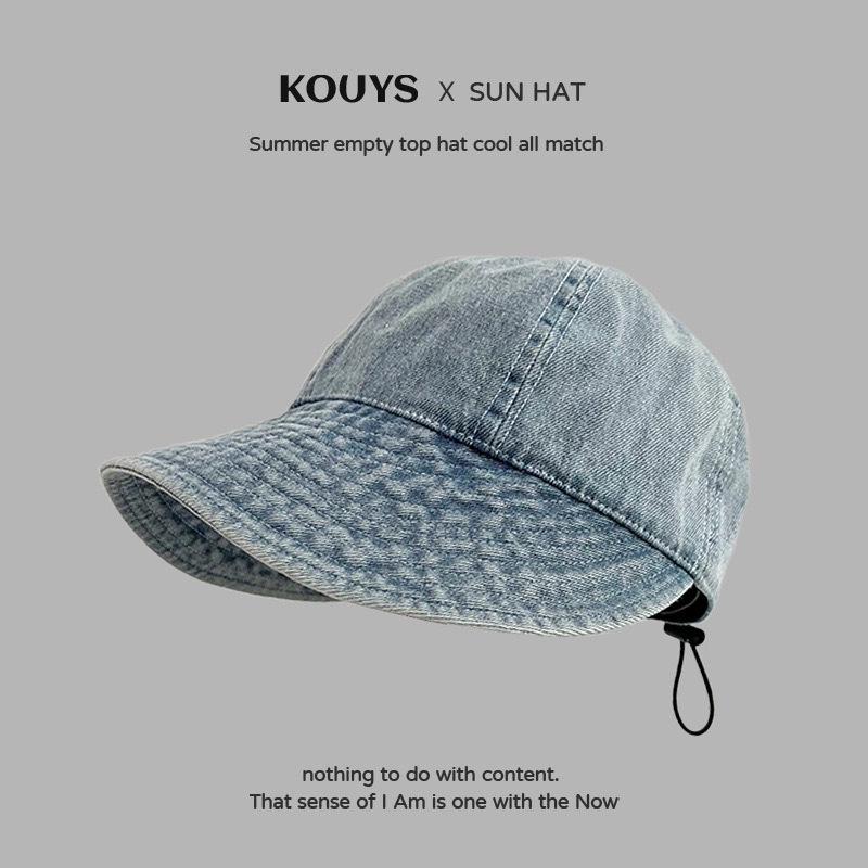 Japanese Retro Women's Denim Fisherman Bucket Hat, Distressed Sunshade for Larger Head, Face Slimming Sun Protection.