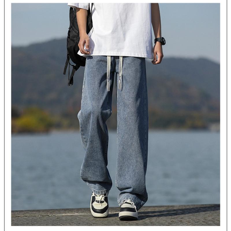 Light Blue Washed Men's Jeans Straight Leg Wide Leg Thin Summer Casual American Retro Loose Fit Long Pants