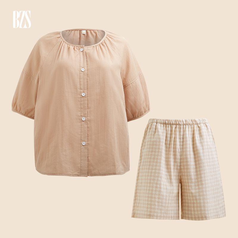 

Class A Pure Cotton Double-Layer Gauze Home Wear Set Solid Contrast Color Short sleeve Pajamas Couple Casual Loose Pajamas Coral powder L [recommend 50.00 kg-62.50 kg]]