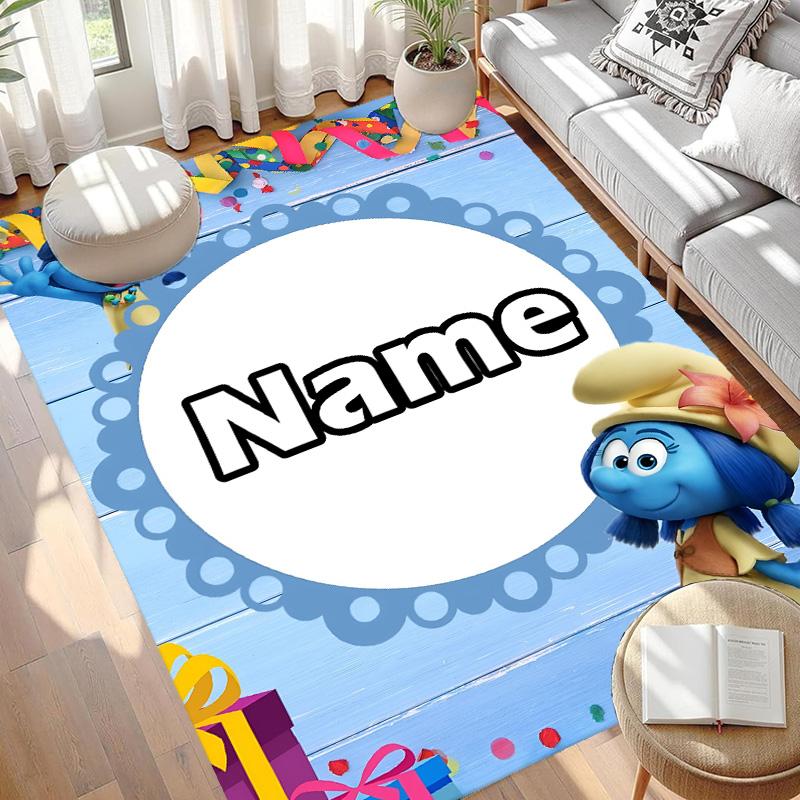 Custom Name Personalized Blue Smurfs Print Carpet, Versatile Home Decor Rug, for Playroom, Apartment, Balcony, Entryway, Hallway Gift