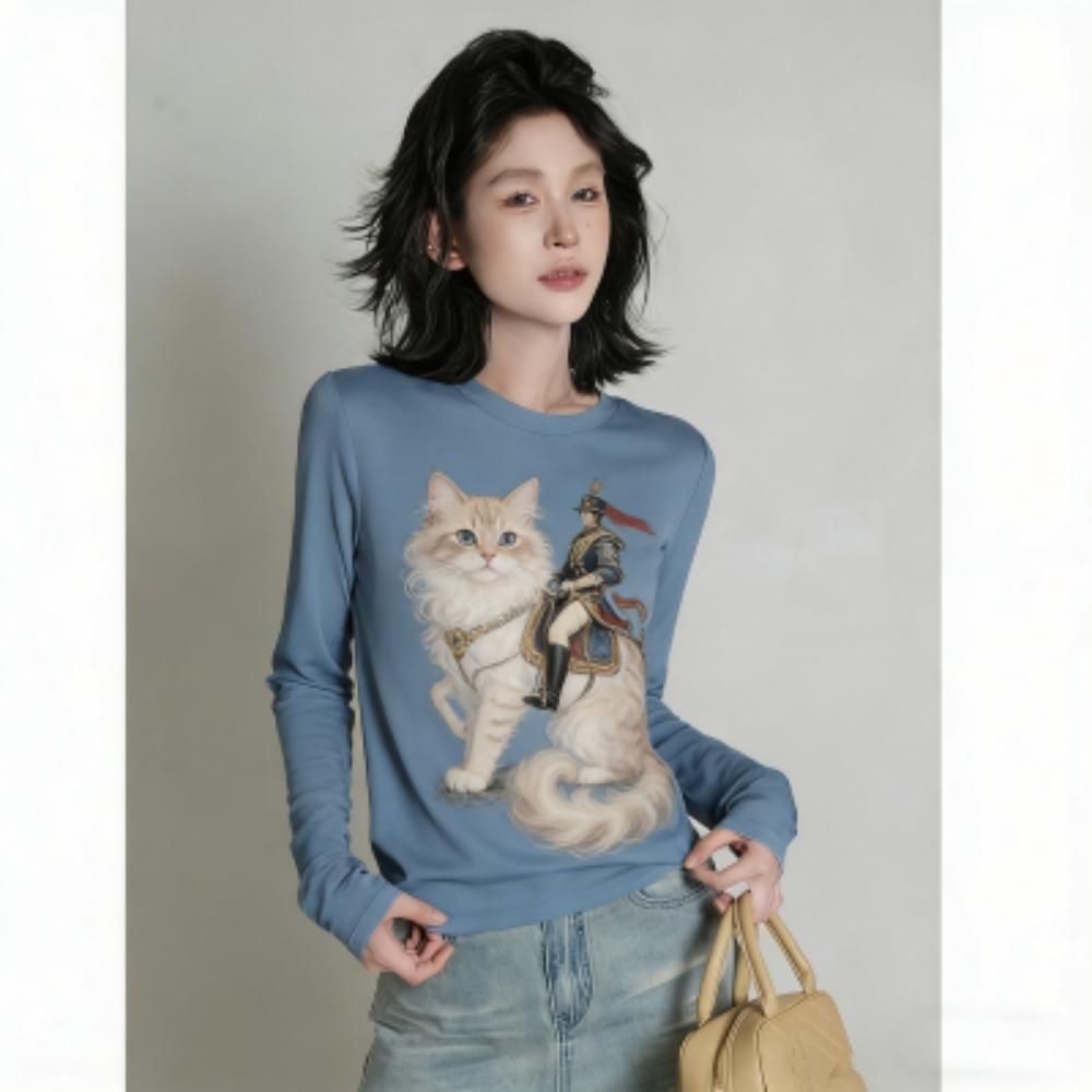 Europe America Fashion Cat Print Women's T-shirt Casual Pullover Women Long Sleeve Clothing Outdoor Street Tees Top