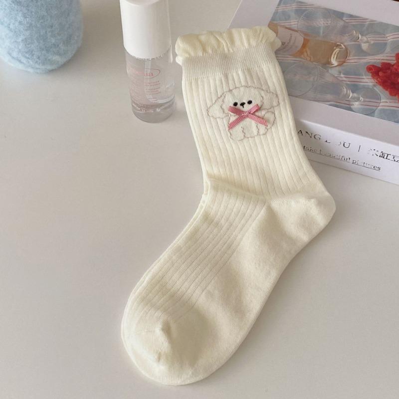 

Кружевные гольфы до середины икры с щенками для женщин, весенне-летние завязки, банты, горы носков, стиль колледжа, длинные гольфы для женщин 1 pair молочный белый