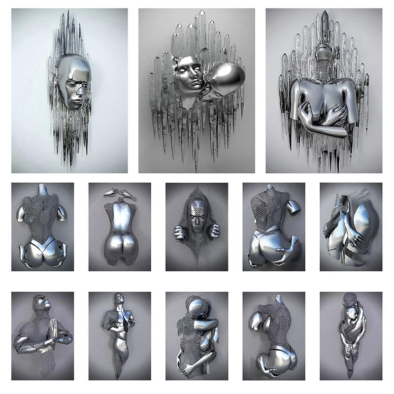 3D Abstract Metal Man Decorative Painting Poster Nordic Prints Canvas Painting Wall Art Picture for Living Room Home