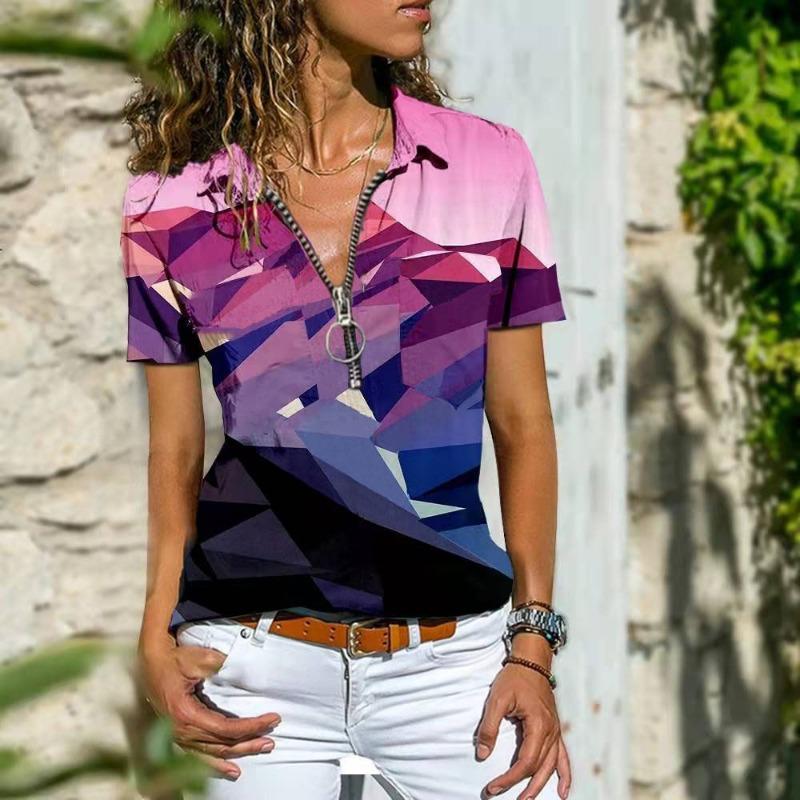 Summer Ethnic Style Zipper Tops Women Bohemian Short Sleeve Casual Shirt for Women Fashion Elegant Vintage Loose Blouse Women Clothing 24527