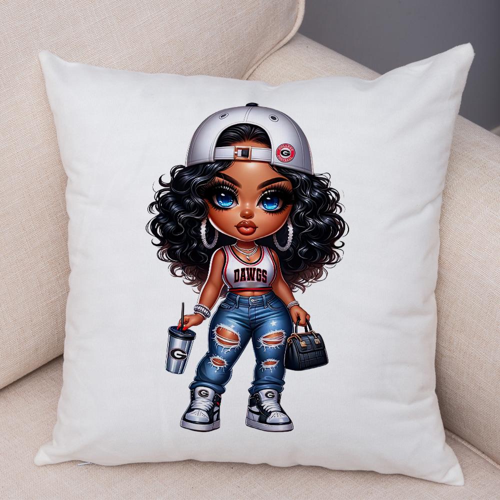 Fashion Cartoon African Girl Pillow Case Soft Plush Cushion Cover for Sofa Home Decor Cute Black Women Throw Pillowcase