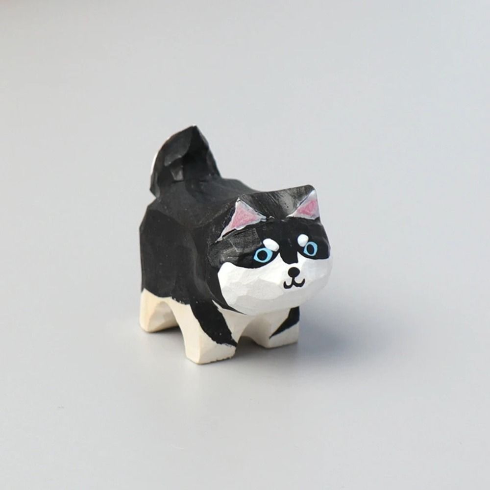 Cute Wooden Animal Figurine Painted Small Animal Dolls Desktop Accessories Kitten Sculpture Gift