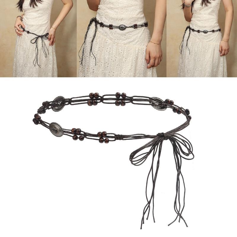 Braided Brown Beaded Belt Chain Unisex Body Jewelry For Layering Outfits Wax Rope Ethnic Style