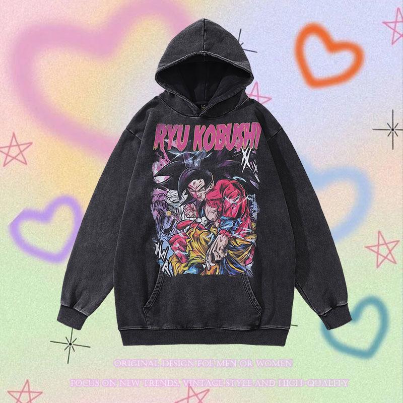 Sweat à capuche Rétro Tendance Marque Hip Hop Street Lavage à l'eau Aspect Vieilli Impression Dessin Animé Japonais Sweat à Capuche Hommes et Femmes Tendance