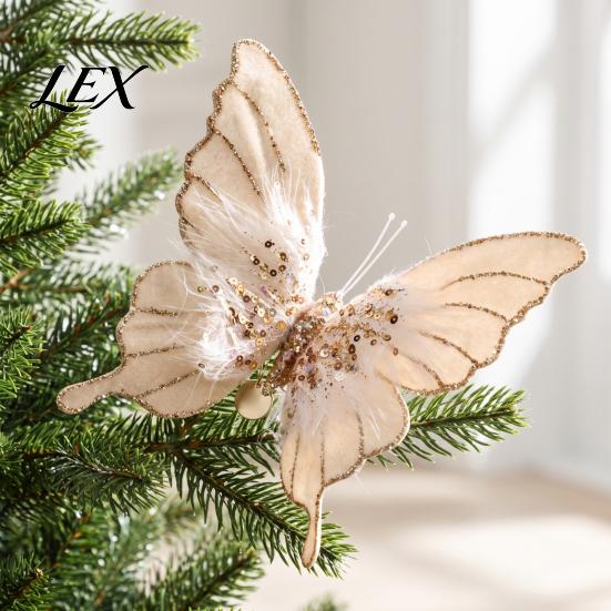 Lightweight Plastic Butterfly Ornaments Velvet Christmas Ornaments, Artificial Glitter Sequins Xmas Tree Three Dimensional Decoration for Holiday New