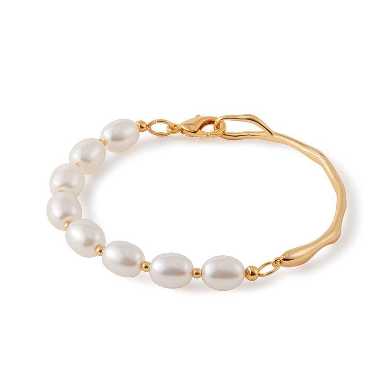 Gold Plated Half Pearl Half Irregular Metal Bangle Bracelet