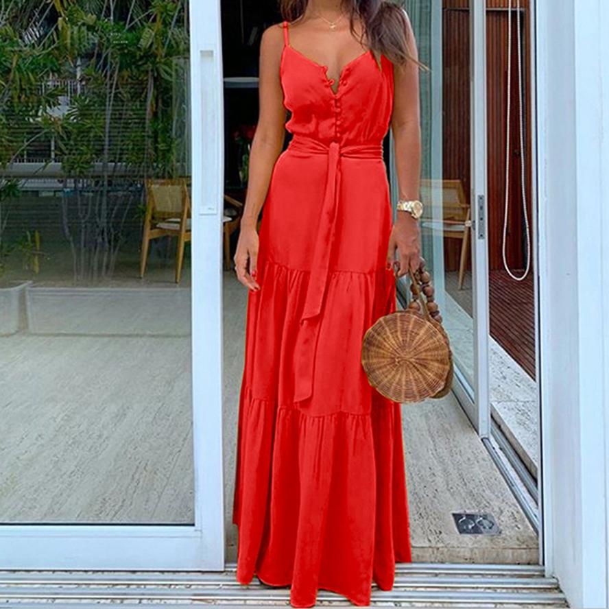 Women's Long Skirt Fashion Sexy and Ankle Bohemian Personality Button V-neck Stitching Strap Dress