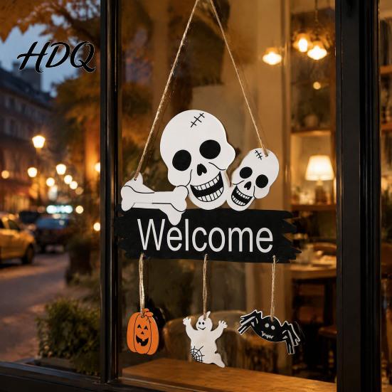 Wooden Wall Decor for Party Halloween Welcome Door Hanging Sign 3D Layered Pumpkin Skull Spider Plaque Ornament Window Front Porch Home Farmhouse