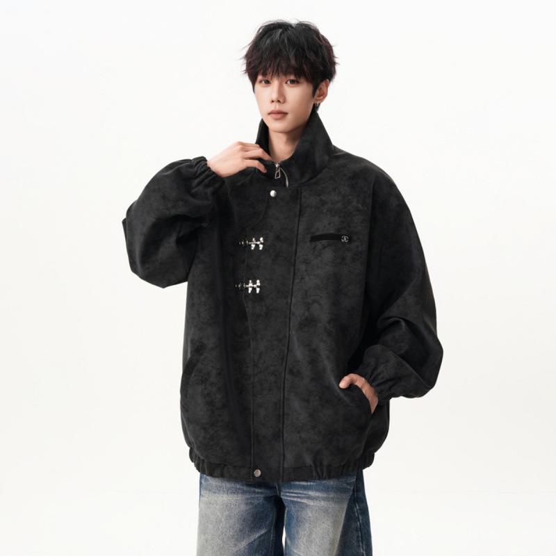 

American High Street Men s PU Leather Motorcycle Jacket - Autumn/Winter Retro Style, Loose Fit, Stand Collar, High-End Feel XL чорний колір сірий