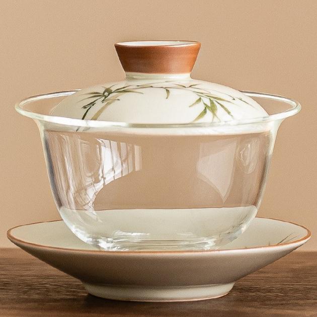 Hand drawn emerald green bamboo tea bowl with lid, home kung fu tea bowl, glass tea set, ceramic three piece lid bowl