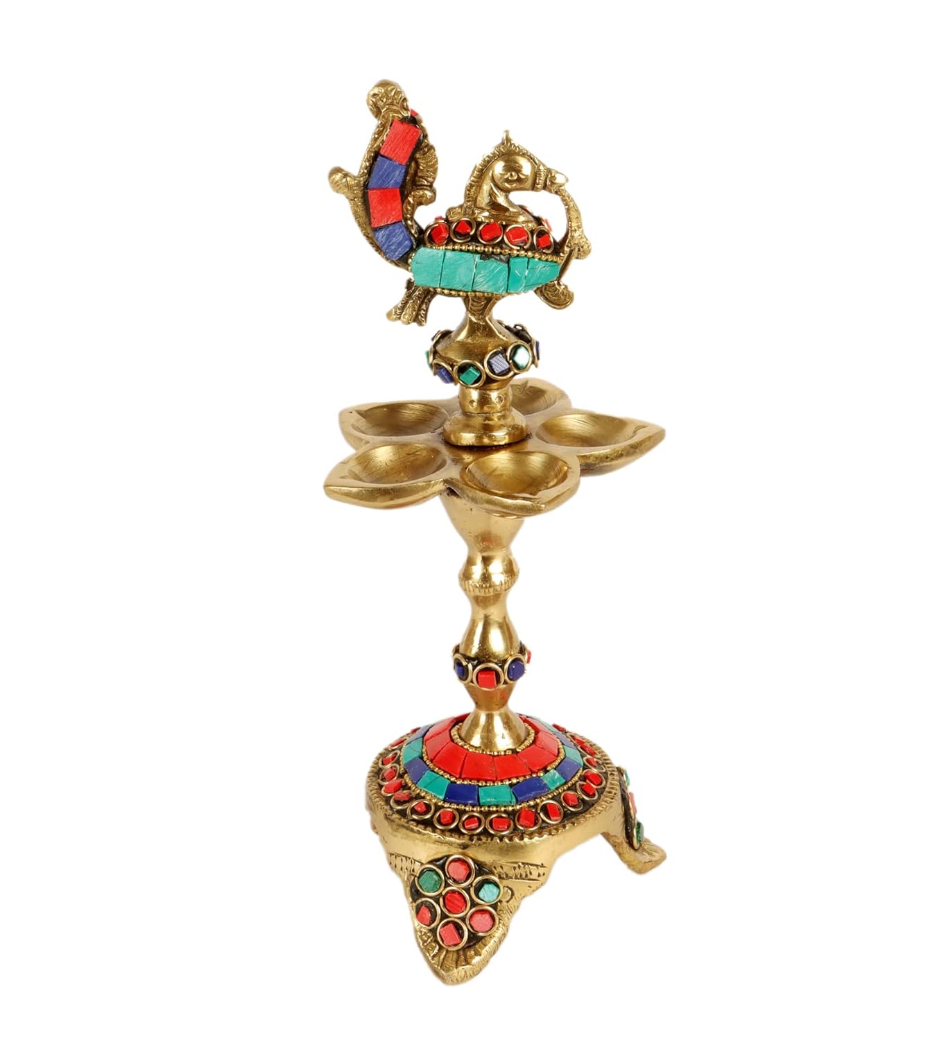 Gemstone Work Peacock Over Ethnic Carved Legs Five Oil Wick Brass Diya, Brass