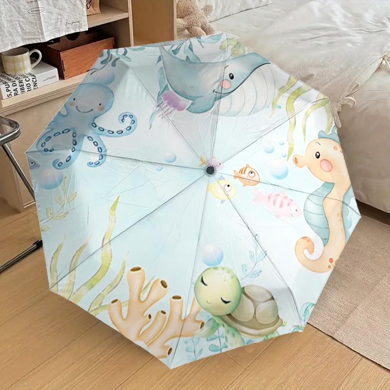 Underwater Friends Automatic Opening/Closing Umbrella - Portable Tri-Fold Design with 8-Bone Iron Frame, Perfect for Outdoor Use, Festive Gi