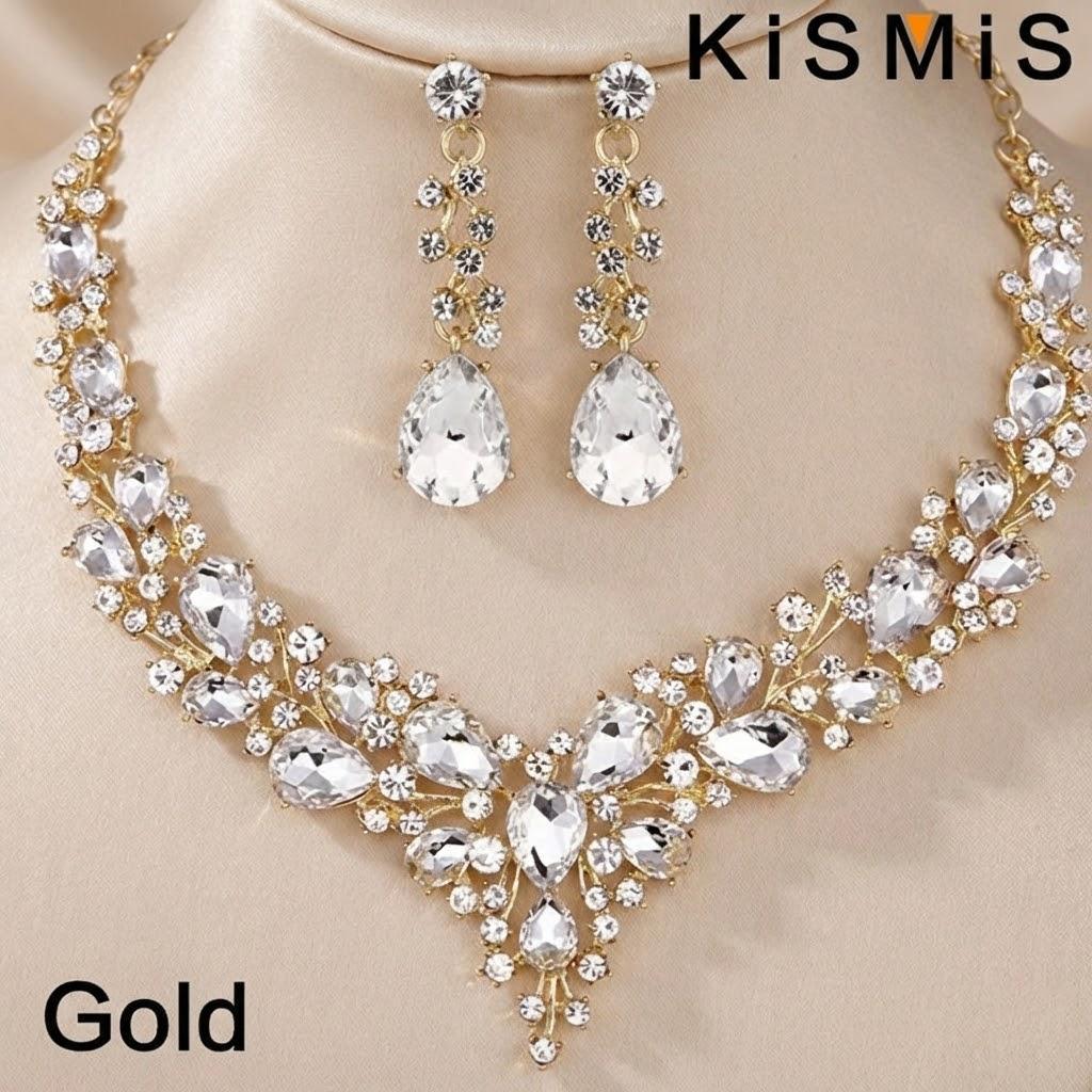 Bridal Jewelry Set Crystal Rhinestone Necklace Earrings Teardrop Dangle Wedding Gift Elegant Statement Accessories золотой