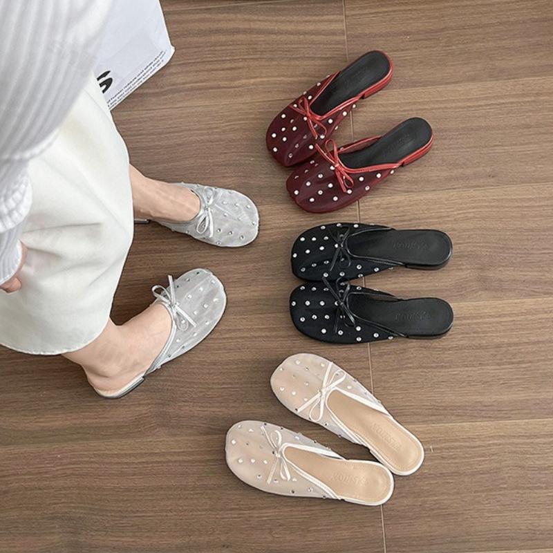 Fashion Thick Heeled Bow Rhinestone Design Mesh Breathable Half Slippers Women's Outdoor 2025 Summer Korean Version Lightweight Sandals