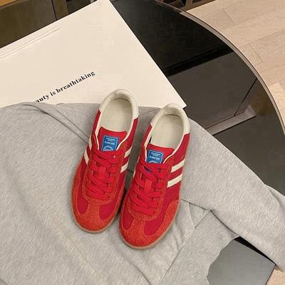 Leather Retro Red German Training Shoes Women's Korean Version Color Matching Round Head Lace-up Flat Casual Board Shoes Sports Forrest Gump Shoes