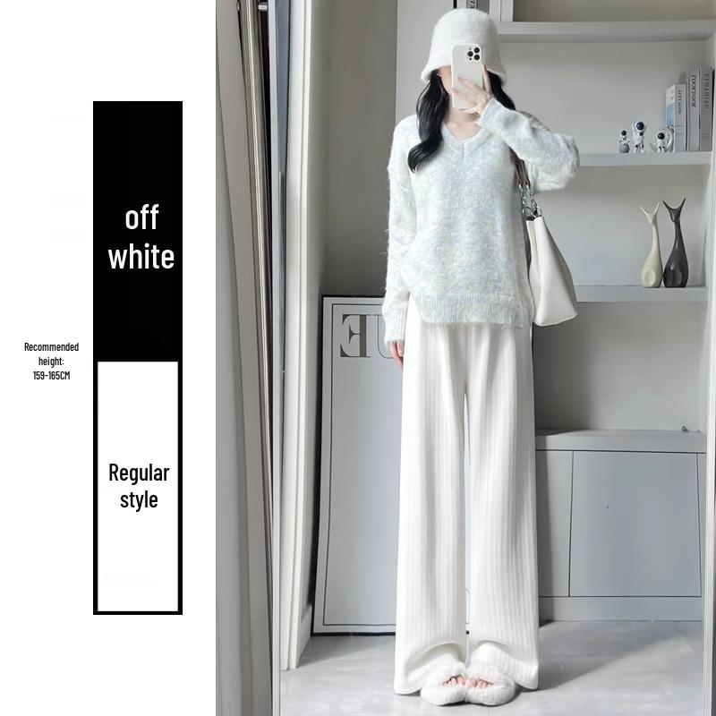 

Женские белые брюки с высокой посадкой из шенильной флисовой ткани с широкими штанинами – Осень/Зима Маленький размер Облегающий крой XL (121-130 lbs)