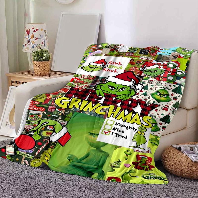 1Pc Grinch Christmas Collage Blanket Soft And Comfortable Casual Warm Camping Travel Christmas Halloween Gift M921638