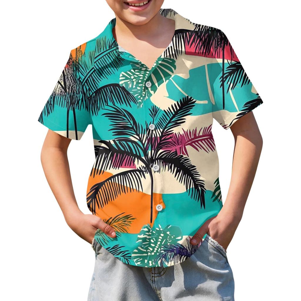 Jungen kurzärmeliges Hawaiihemd, Kinder Sommer Hemd mit Knöpfen