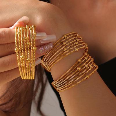 Retro Mode mehrlagiges gedrehtes Stahlperlenarmband - Europäisches & Amerikanisches Design, offenes 18 Karat vergoldetes Titanstahlarmband