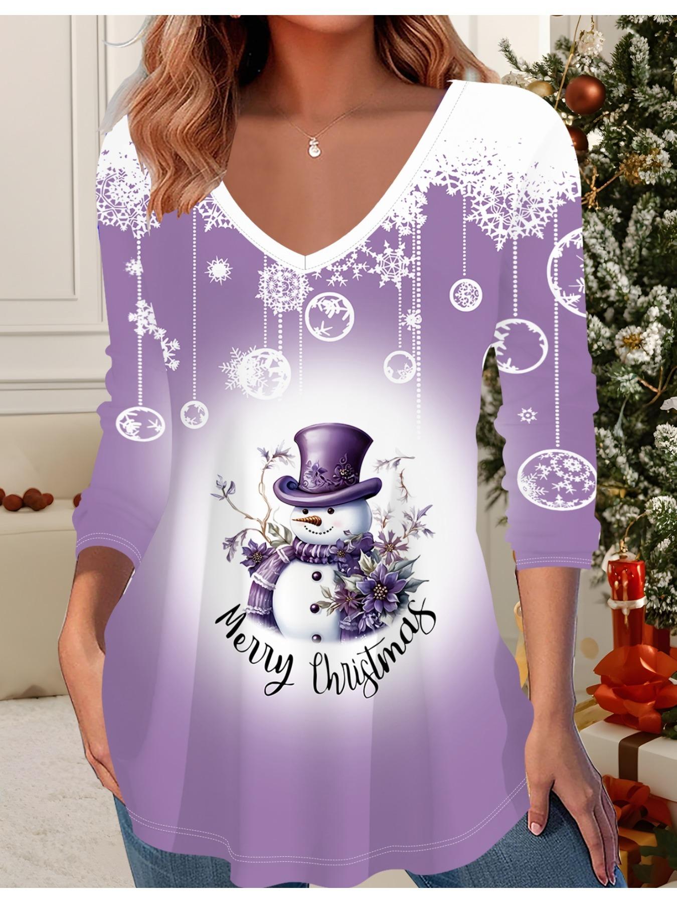 

3D Рождественская Принтованная Модная Повседневная Женская Футболка с V-образным вырезом и длинным рукавом - Одежда для новогодней вечеринки, Праздничный подарок 6XL