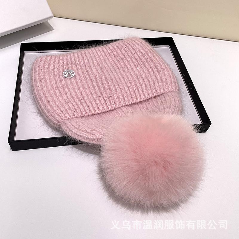 Bestseller M Logo Beanie Hat Women Winter Warm Faux Fox Fur Pom Knit Wooly Cap Slouchy Pull-On
