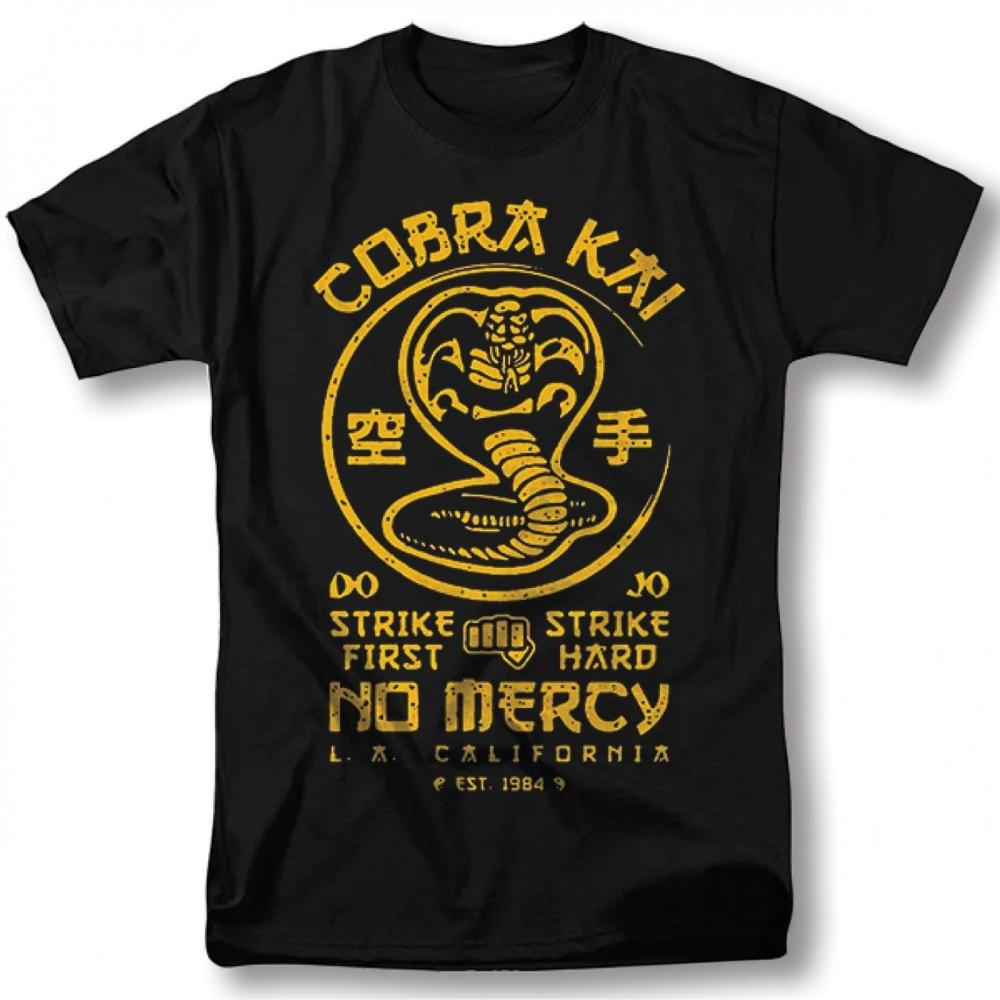 Cobra Kai TV Show TShirt Strike First Strike Hard No Mercy Vintage Graphic Tee Black Yellow Print Summer Shirt for Unisex Unisex
