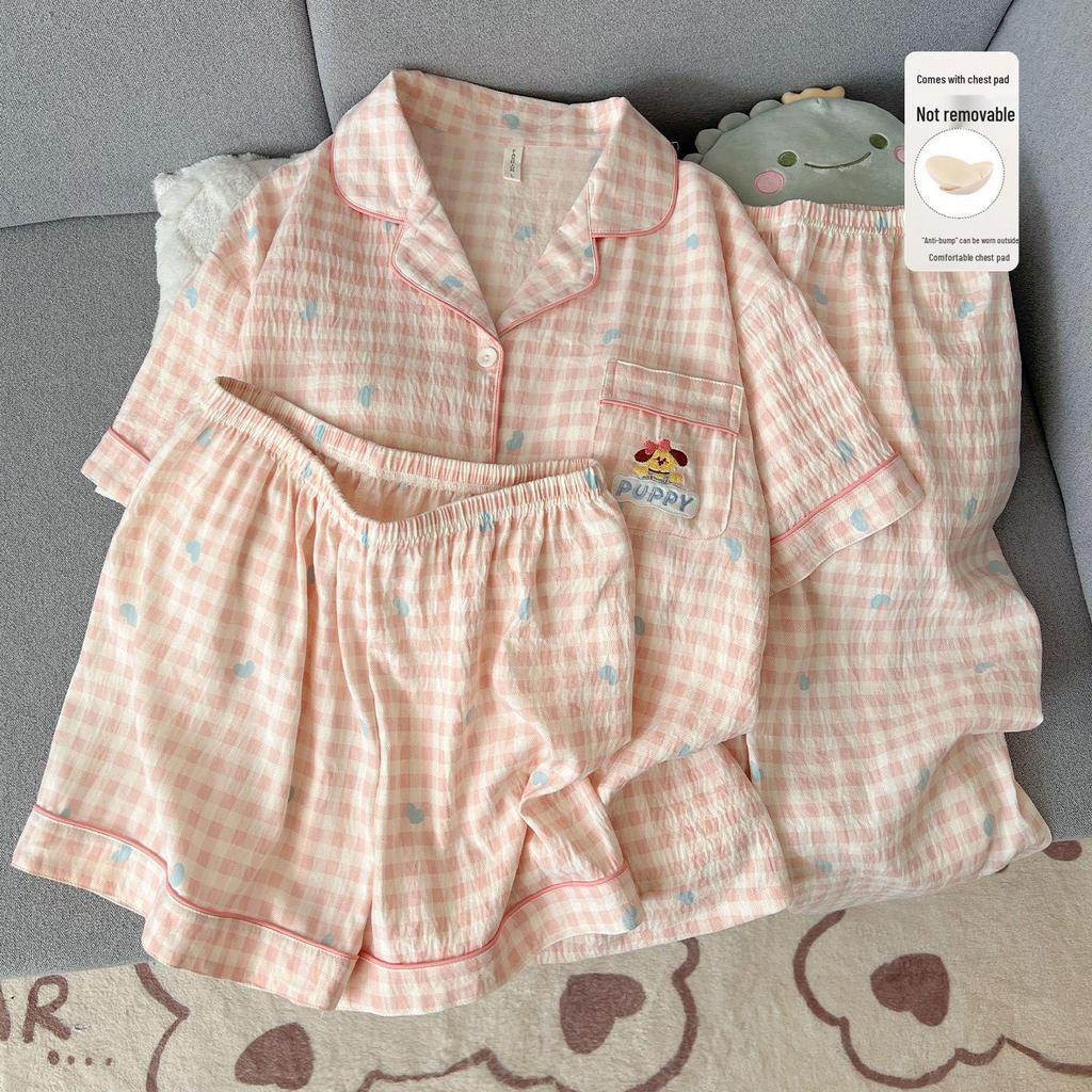 Women's Summer Cartoon Pajama Set: Short-Sleeved, Thin, 3-Piece with Chest Pads Suitable for Home or Outdoor Wear
