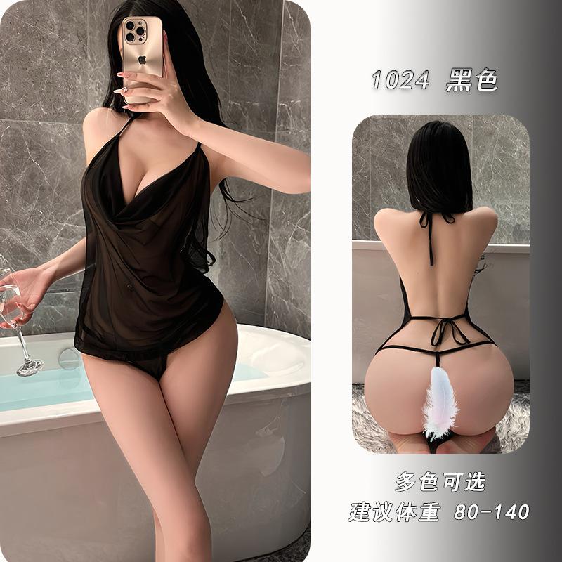 

Ye Yu Sexy Pajamas Royal Sister Belly Pocket Lace-up Large Size Pajamas Women s Perspective Sexy Hot Uniform Temptation one size fits all【 40-65kg 】