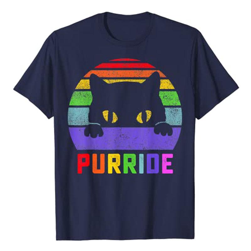 Pride Cat Purride Gay LGBTQ Rainbow Flag Retro T-Shirt Funny Kitty Lover Lesbians Graphic Tee Top Short Sleeve Blouses LGBT Gift