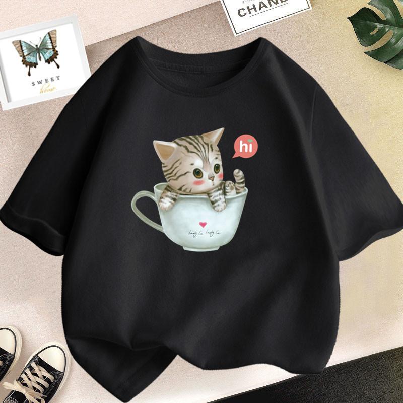 Cute Cat  T-shirt In Cup Summer Short Sleeve Casual Tees Girls Top Kids Kawaii Clothing