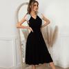 Women Casual Long Dress Spring Summer Solid A-line V-Neck Short Sleeve High Waist Ruffles Slim Lace Patchwork Sizes S-XL