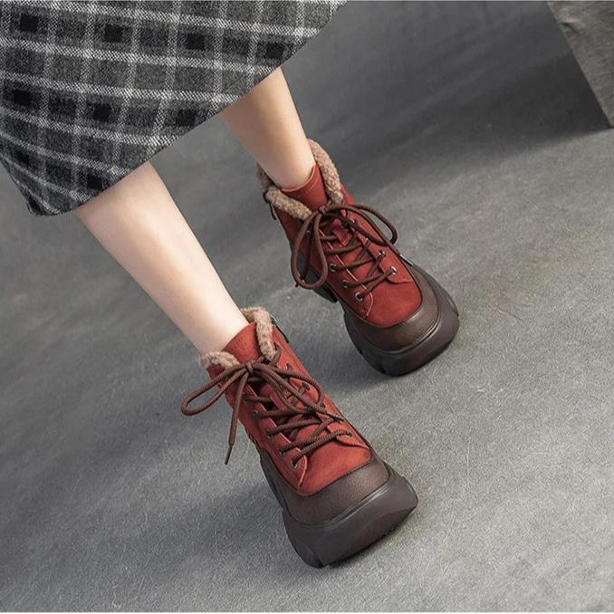 Johnature Plush Warm Genuine Leather Commuting Short Boots Retro Thick Soled Women's Shoes