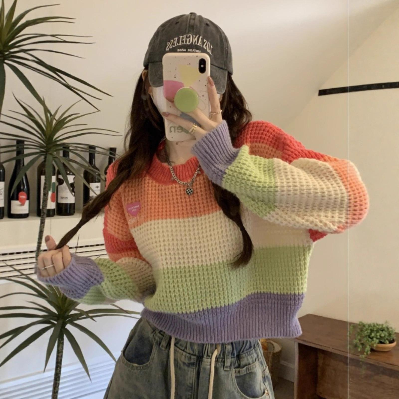 

Waffle Pullover Rainbow Stripe Short Pullover Sweater Women s Autumn and Winter Knitted Sweater Small Tide one size fits all рожевий