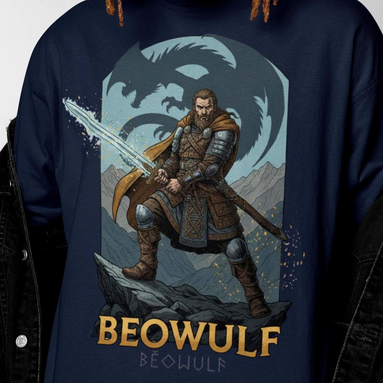 Beowulf T-Shirt | Anglo Saxon Mythology | Hero with Dragon Sword Warrior Tee 4XL