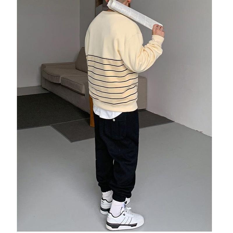 Spring and Autumn Men's Fashion Simple Round Neck Spliced Stripe Long Sleeve Loose Casual Thin Versatile Sweater T-shirt