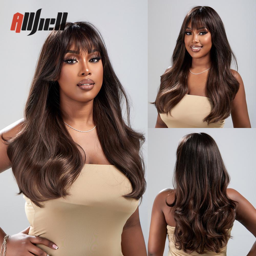Long Wavy Black Ombre Brown Wigs With Bangs Synthetic Natural Wave Wig for Black Women Heat Resistant Fake Hair Cosplay Wig