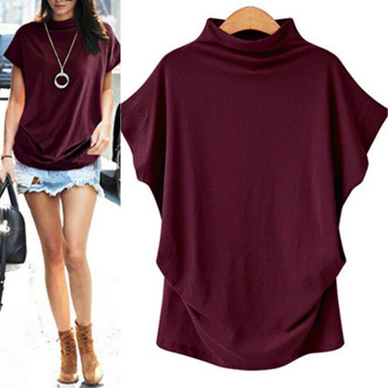 Summer Fashion Women Solid Color Loose Turtle Neck Short Sleeve T-Shirt Top