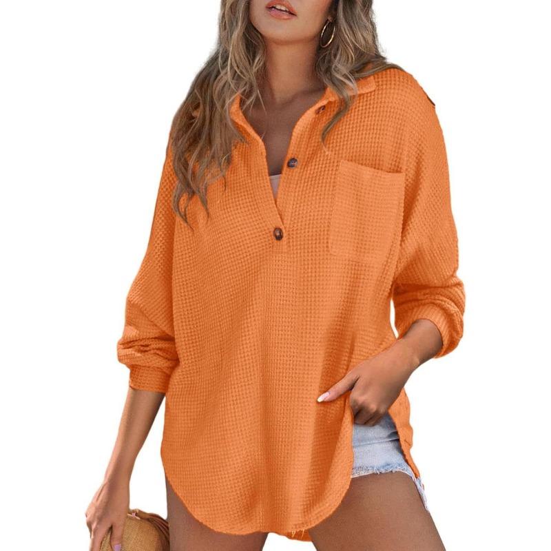 DAFIFY Women's Fashion Casual Spring Autumn Solid Color Print Long Sleeve POLO Neck Blouses & Shirts