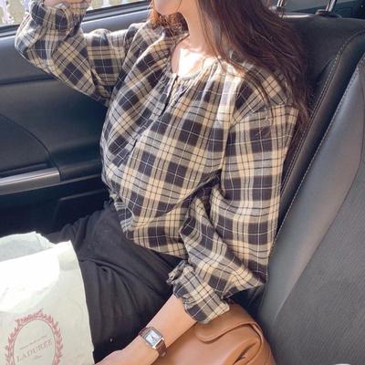 Dongdaemun Retro Minimalist Plaid Wide Sleeve Shirt for Women - Spring/Autumn 2025